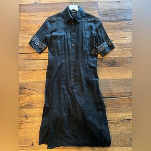 Fendi Black Linen Button Down Shirtdress with Leather Cuffs